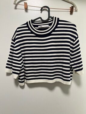 Zara Navy & White Striped Short Sleeve Crew